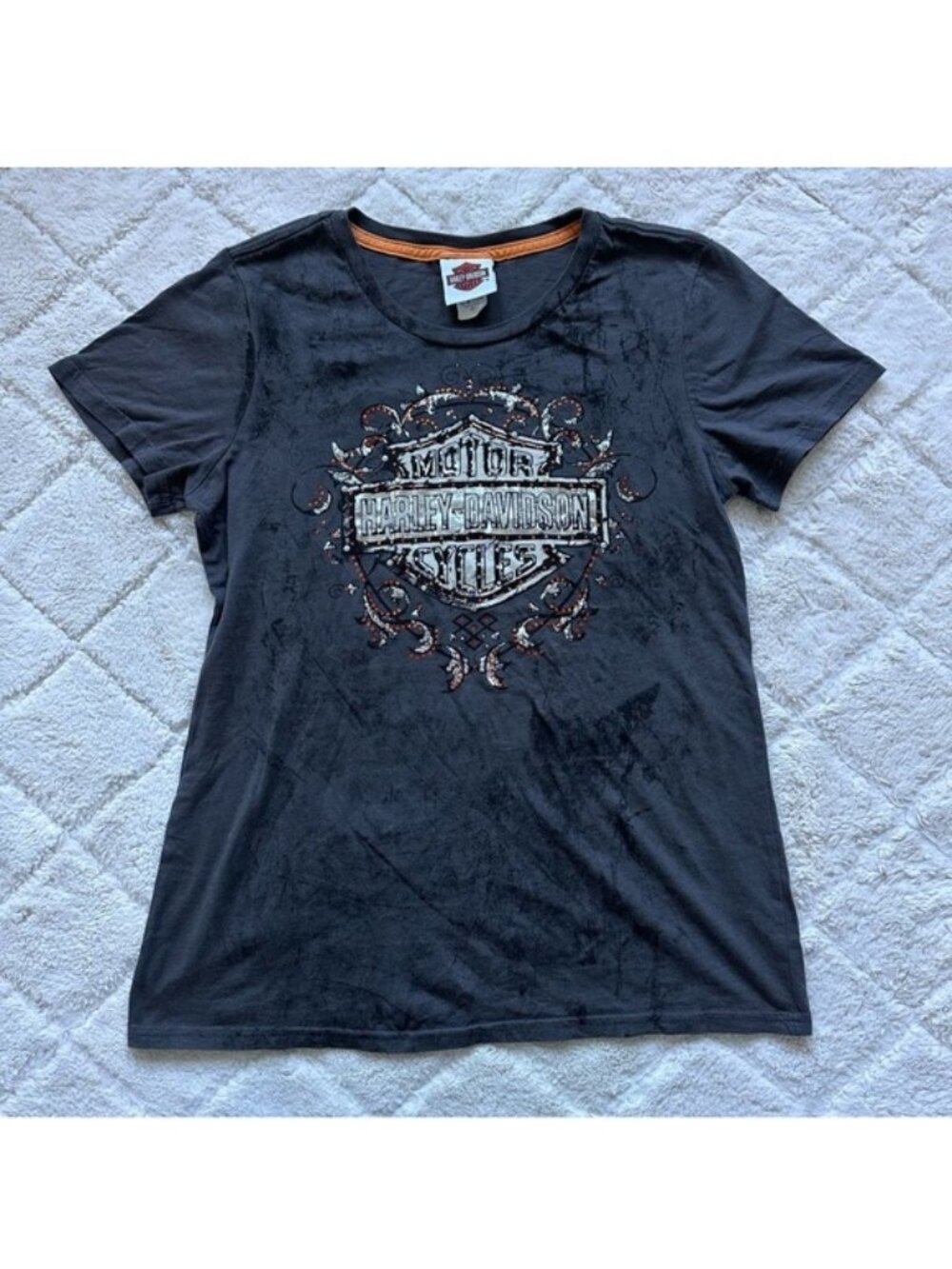 Harley Davidson | Gray & Orange Bling V-Neck Short Sleeve Tee | Size Medium